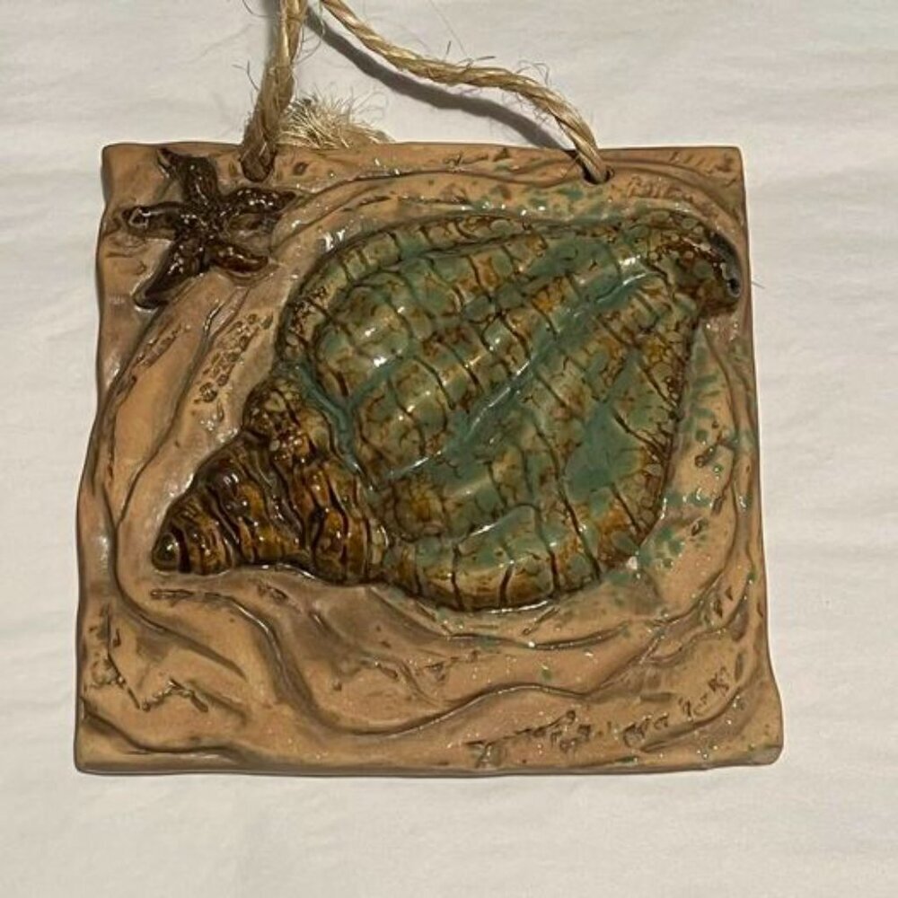 Sea Shell Tile. 6" Square. Twine Hanger. Raised Relief. WR.